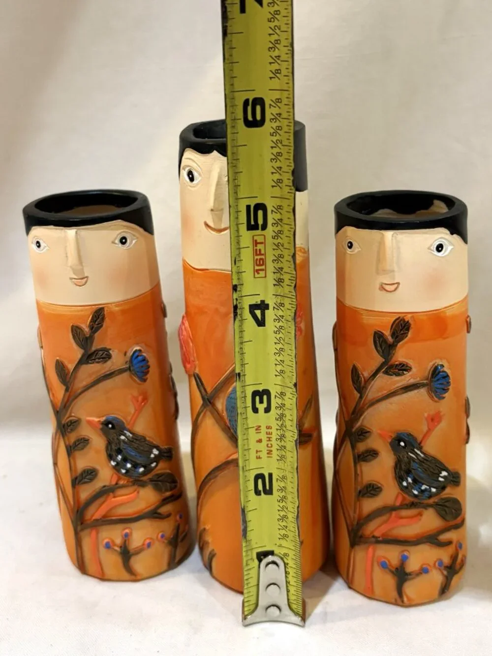 Set of 3 Spring Family Orange Bud Vases Resin Flowers & Birds Boho Style